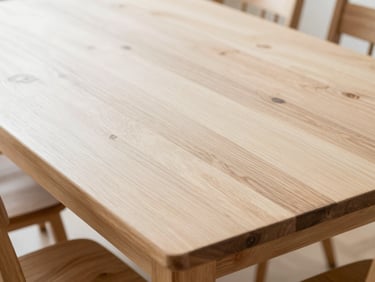 Close-up of a rustic hardwood dining table, empty and pristine, natural light catching the wood grain, 35mm lens