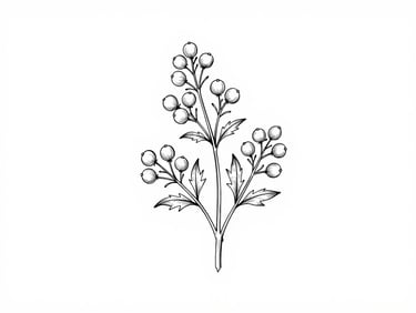 Elegant ink line art illustration of a delicate botanical stem with small berries, clean white background, delicate black lines, minimalist, timeless