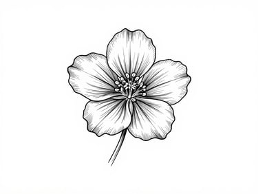 Elegant ink line art illustration of a delicate botanical flower, clean white background, delicate black lines, minimalist, timeless