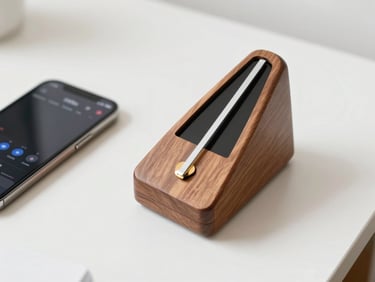 An elegant wooden metronome ticking on a clean white desk next to a smartphone displaying a tuner interface, soft shadows