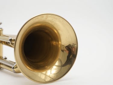 Close up of a brass instrument bell, reflecting soft golden studio light, clean white background