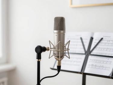 A high-end studio microphone positioned near a music stand with sheet music, bright natural light