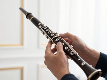 Hands of a professional clarinetist holding a dark wood instrument, adjusting fingers precisely over silver keys, bright daylight studio setting
