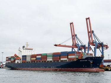 Wide angle shot of a massive container vessel docked at a deep-water port, industrial cranes framing the overcast sky, desaturated tones.