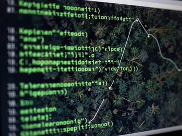 Low-key, high-contrast close-up of a terminal screen displaying green code syntax and loss curves, with a faint overlay of a satellite forest canopy raster.