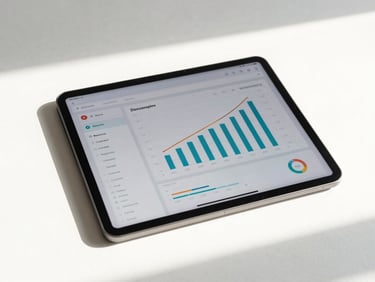 Editorial close-up of a modern digital tablet displaying an analytics dashboard with growth charts, clean minimalist workspace, soft shadows, 35mm