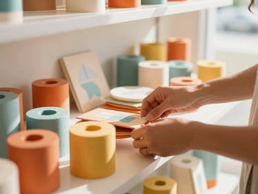 Bright editorial shot of hands arranging handmade goods on a retail shelf, vibrant warm tones, natural light, 35mm