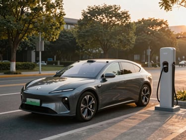 A sleek dark metallic electric sedan plugged into a modern charging station in a quiet, tree-lined city street, golden hour