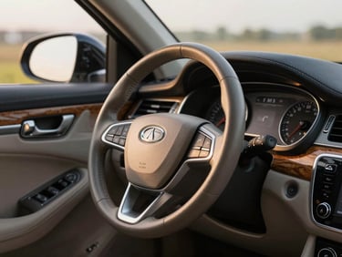 Tight detail shot of a luxury sedan interior, focusing on the leather steering wheel and wood-grain dashboard, soft natural light