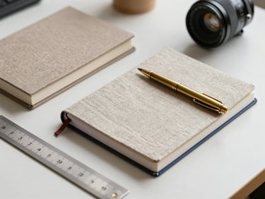 Neatly arranged linen-bound notebooks, a sleek brass pen, and a technical ruler on a white desk