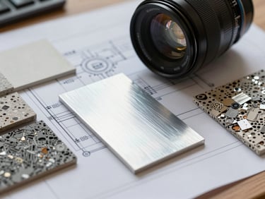 A close-up of a technical blueprint and material swatches of aluminum and recycled plastic on a desk