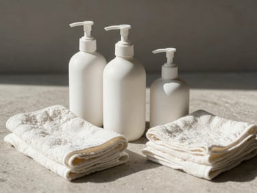 Minimalist white ceramic dispenser bottles and organic cotton towels arranged on a neutral stone surface, bright daylight