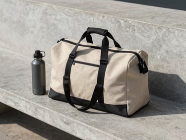 A minimalist canvas travel bag and water bottle resting on a clean concrete bench, sharp natural shadows