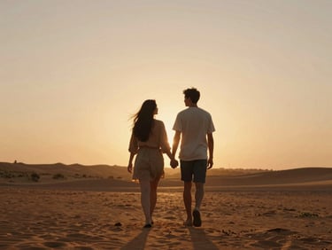 A couple walking hand-in-hand away from the camera into a warm golden sunset, wide environmental portrait, cinematic 35mm film style.