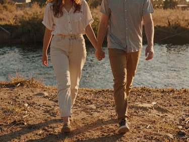 A couple walking down by a creek at golden hour, holding hands, cinematic 35mm style.