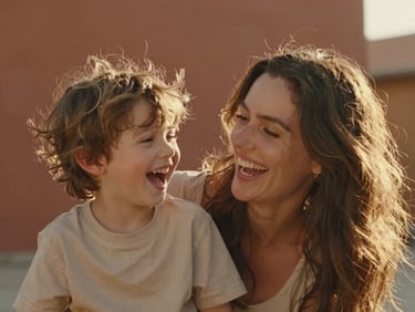 A mother and child laughing together, messy hair, soft natural flare, warm earth tones.