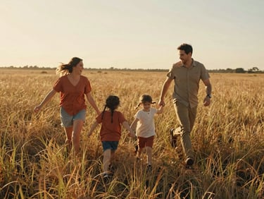 A family running through tall grass, sun-drenched golden hour, warm natural light, candid interaction.