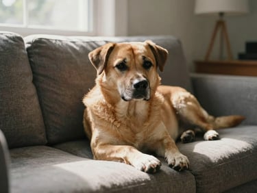 A medium-sized dog lying on a sofa in a sunlit apartment living room, paws stretched forward, soft afternoon light through a window, candid and natural, no people