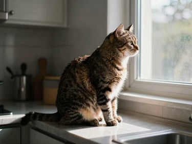 A cat sitting on a sunlit kitchen countertop, looking out a window, natural morning light, candid and real, no studio backdrop
