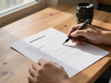 Hands holding a printed insurance document on a wooden table, pen resting alongside, warm afternoon light through a window