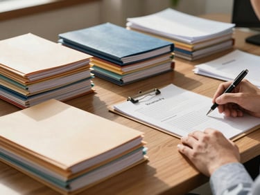 Wide shot of a tidy insurance broker's desk from a slight angle, stacked policy folders sorted by colour, a hand resting on an open document with a pen, warm natural light from the left, calm and professional