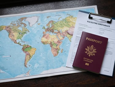 Flat lay of a world map spread open on a desk, a passport and a neatly clipped set of international insurance documents beside it, cool natural overhead light, no people
