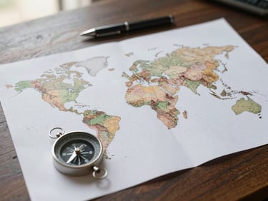 World map spread open on a desk with a small compass and a pen, soft diffused daylight from the left, no people
