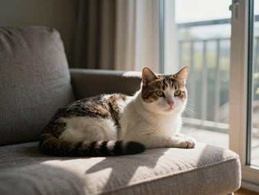 A cat resting on a sofa near a sunlit balcony door, soft indoor light, domestic setting, no staging