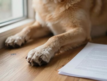 Close-up of a dog's paw resting on a wooden floor beside a document, soft natural window light from the left, shallow depth of field