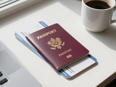 Overhead view of a passport, boarding pass, and coffee cup on a clean white desk, morning light from a nearby window