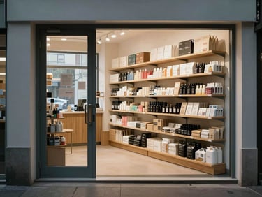 Wide shot of a small business storefront interior, open shelves with products neatly arranged, natural light from a glass door, no people, tidy and operational