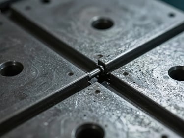 Cabeçote de fresamento trabalhando em uma peça metálica, mostrando a textura do corte, em um ambiente de oficina limpo, iluminação fria.