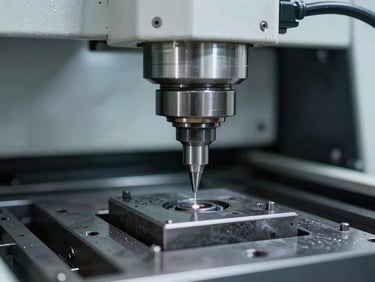 Close-up de um centro de usinagem CNC em operação, com ferramenta cortando metal, emulsão de corte visível, iluminação fria e técnica, foco nítido.