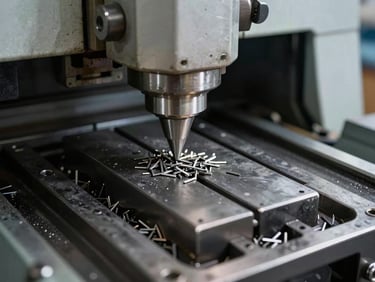 Peça metálica sendo torneada em um torno CNC, com cavacos finos se formando, iluminação direta e foco nítido, estética industrial.