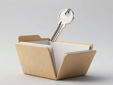 Soft clay-textured 3D illustration of a metallic key floating above an open organized folder, clean minimalist style, soft studio lighting, isolated on a light gray background.