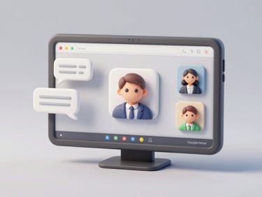 Soft clay-textured 3D illustration of a Google Meet browser window with simplified video avatars, floating chat bubbles, soft studio lighting, isolated on a light gray background.
