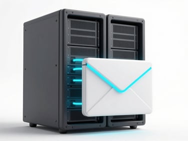 Soft clay-textured 3D illustration of a server rack connected to a clean envelope icon by a glowing cyan line, soft shadows, isolated on a white background.