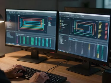 Close-up panoramic view of a network operations dashboard on dual monitors, control interface showing data flow diagrams and alert states, hands resting on keyboard in foreground, tungsten desk lamp casting hard shadow on the left, dark environment beyond the screen glow