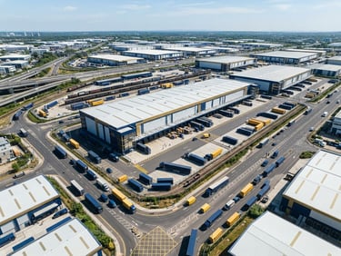 High-angle editorial photograph of a modern, organized logistics hub during bright daylight, clean architectural lines of transport infrastructure, deep navy blue shadows and subtle gold highlights on metallic surfaces.