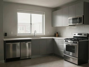 Wide interior shot of an empty studio apartment kitchen area, north-facing window light, stainless steel appliances, clean countertop, no people or decor