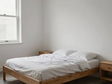 Straight-on shot of a furnished studio bedroom corner, single bed frame against white wall, bedside table, window with diffused natural light, no personal items