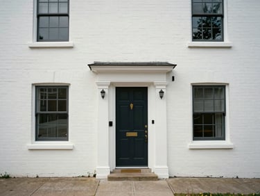 Straight-on exterior photo of a two-story house facade, white painted brick, dark front door, concrete path, overcast daylight, no people or cars in frame