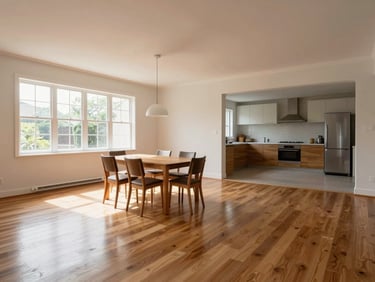 Wide-angle interior of a bright three-bedroom house, empty dining area under natural window light, polished wood floors, open-plan kitchen visible in background