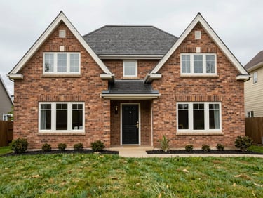 Straight-on exterior shot of a detached family house, brick facade, front entrance door, trimmed lawn, overcast natural light, no people