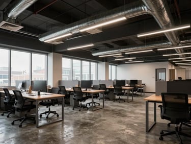Interior shot of an open-plan commercial office space, exposed ceiling ducts, concrete floor, large windows with diffused daylight, empty desks and chairs