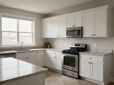 Wide interior shot of a two-bedroom apartment kitchen with white cabinetry, stone countertop, stainless appliances, flat daylight from left window, empty surfaces