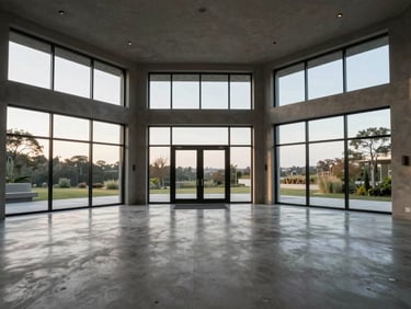 Wide architectural shot of a villa entrance hall, polished concrete floor, high ceilings, floor-to-ceiling windows, flat afternoon daylight, empty room