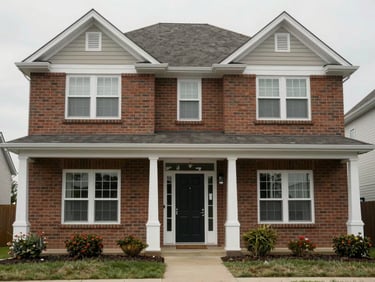 Straight-on exterior photo of a two-storey suburban house facade, overcast daylight, brick and white trim, front door centered, no people, no staging