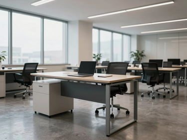 Wide interior shot of a clean modern office workspace, empty desk with laptop and notepad, north-facing window light casting even illumination, polished floor, architectural lines visible