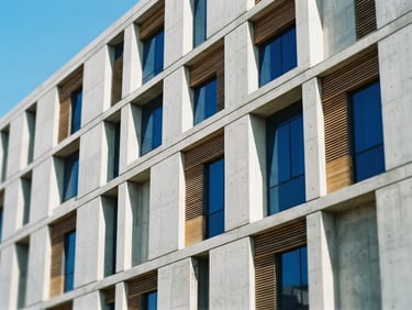 Crisp architectural daylight shining on the minimalist concrete facade of ALNAGAAR corporate headquarters in Cairo, sharp focus, 35mm